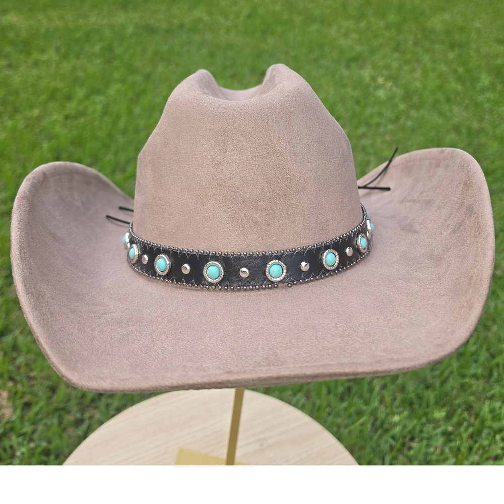 Western Faux Suede Cowboy Hat Taupe Turquoise Studded Band IHT72541